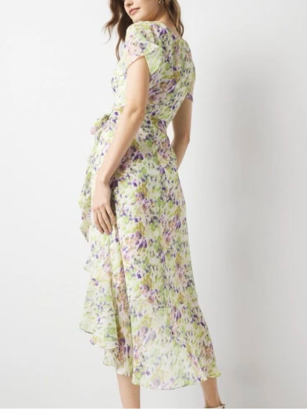 White House Black Market Short Sleeve Flutter Faux Wrap Midi Dress Size 12 - Picture 2 of 13